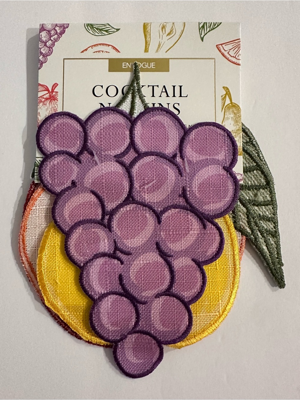 Envogue Embroidered Cocktail Napkins Four Fruits: Grape, Pear, Peach, Plum NIP